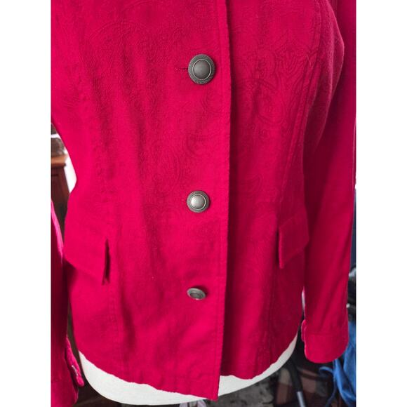 Red Paisley Boho Jacket Colorful Cotton Pockets Buttons Lightweight Collared - Picture 3 of 14